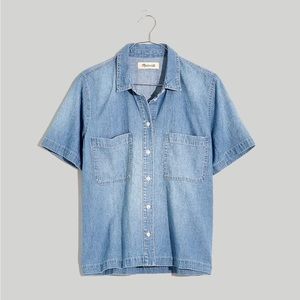 Denim Short-Sleeve Button-Up Shirt, Size Small